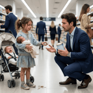 “Señor, solo necesito un bote de leche; mis hermanitos no han comido desde ayer”, suplicó una niña frente a más de veinte clientes que fingieron no verla. Su padre había huido al saber que eran gemelos. El millonario pagó en silencio, la acompañó a casa y encontró bajo la cama una carta que revelaba algo inesperado.
