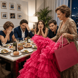 ntht/ Mi suegra quiso convertirme en el chiste de mi propia fiesta al regalarme un vestido rosa lleno de olanes y asegurar frente a todos que era una reliquia familiar de gran valor. No discutí; fingí aceptar y estaba a punto de ir al dormitorio para cambiarme cuando mi tía política dejó el vaso sobre la mesa y dijo: “Yo vi ese vestido hace 3 días”… después reveló que había costado apenas 250 pesos y repitió la frase que mi suegra dijo al comprarlo.