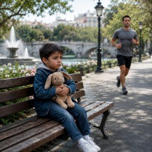 Cada mañana veía al mismo niño de 3 años sentado solo durante horas en una banca del parque, abrazando un conejo de peluche roto y diciendo que estaba «vigilando» el lugar de su madre. Cuando finalmente seguí las pistas hasta encontrar a su agotada madre, descubrí una historia de amor, sacrificio y supervivencia que nadie en aquel parque había notado jamás.