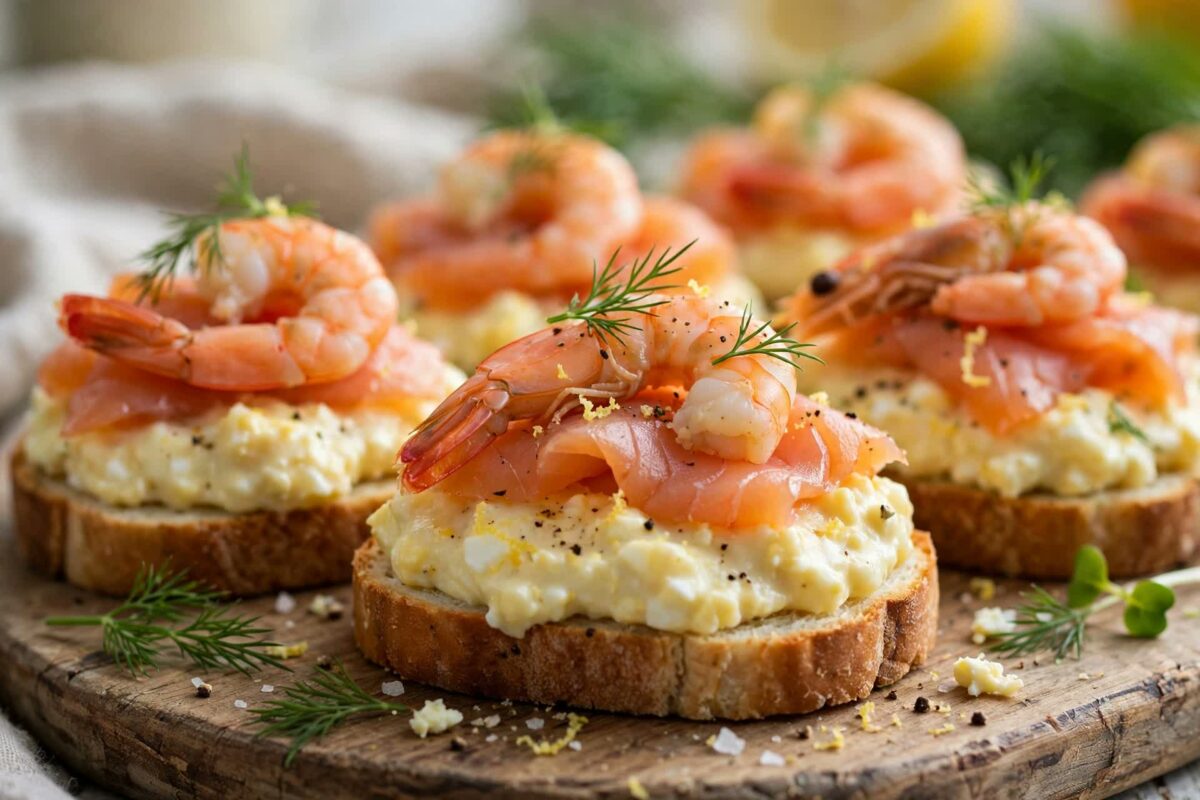Smoked Salmon, Boiled Egg and Prawn Canapés