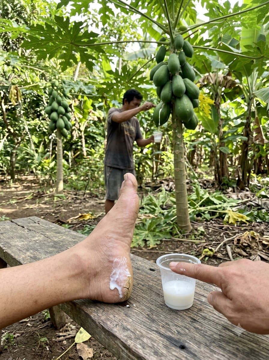Applying papaya sap to heel 20261016153832 Applying papaya sap to heel 20261016153832