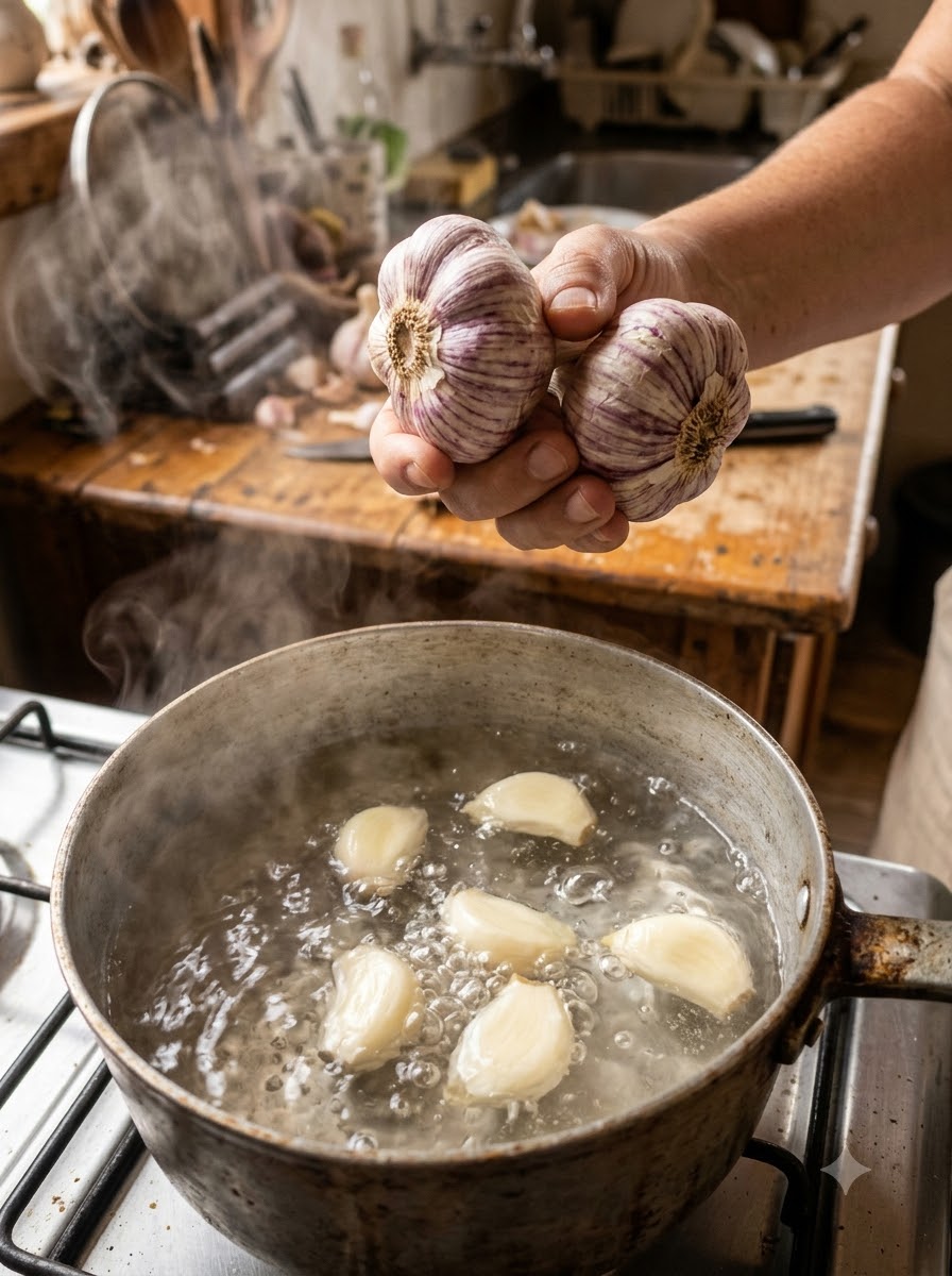 Hand holding garlic over pot 20261022152055 Hand holding garlic over pot 20261022152055