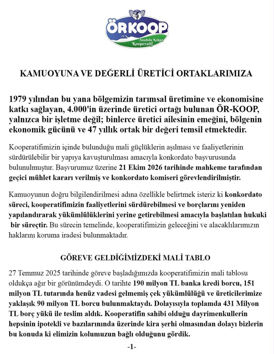 ÖR-KOOP konkordato açıklaması