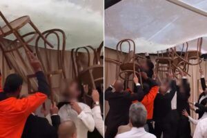 Düğün çadırında fırtına paniği: Davetliler çadır çökmesin diye sandalyelere sarıldı