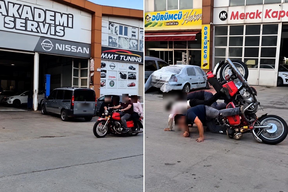 Gaziantep'te 5 kişinin bindiği motosikletin devrilme anı