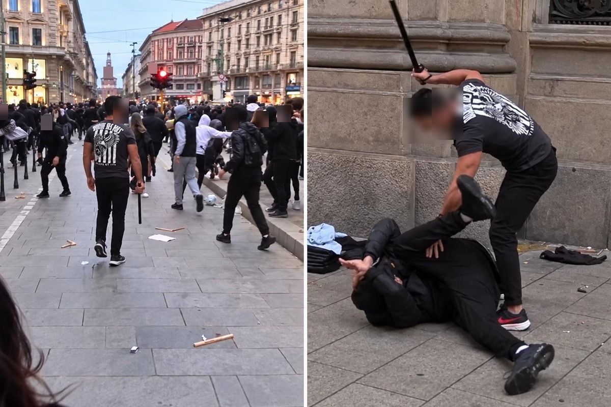 Milano'da protestolar sırasında yağmacılara sopayla müdahale eden adam ve sokaktaki kalabalık