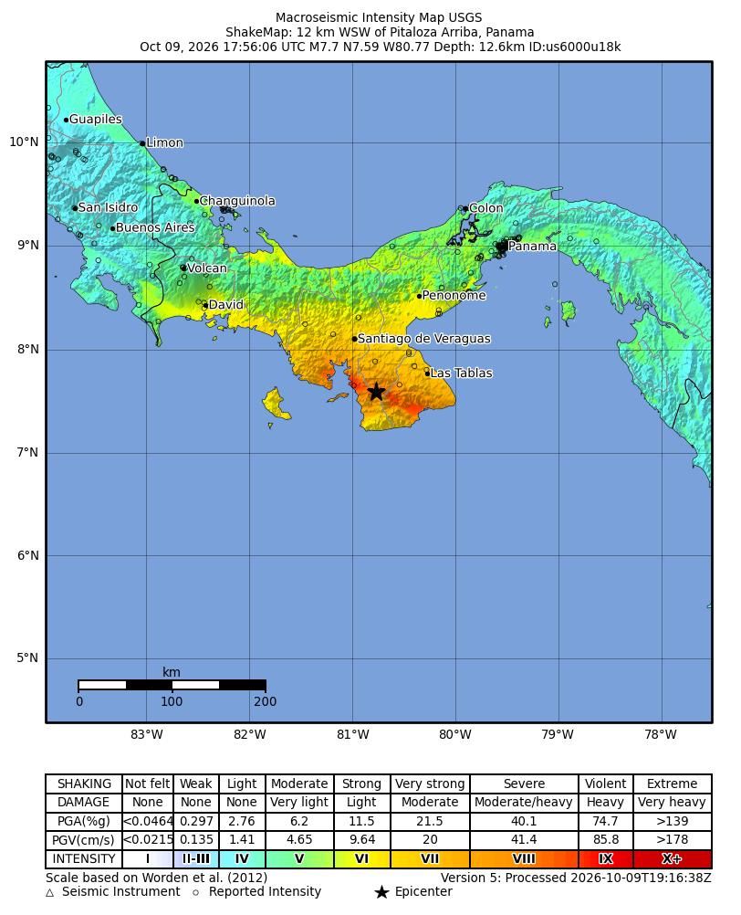 USGS ShakeMap: Panama'daki 7,7 büyüklüğündeki depremin şiddet haritası ve merkez üssü